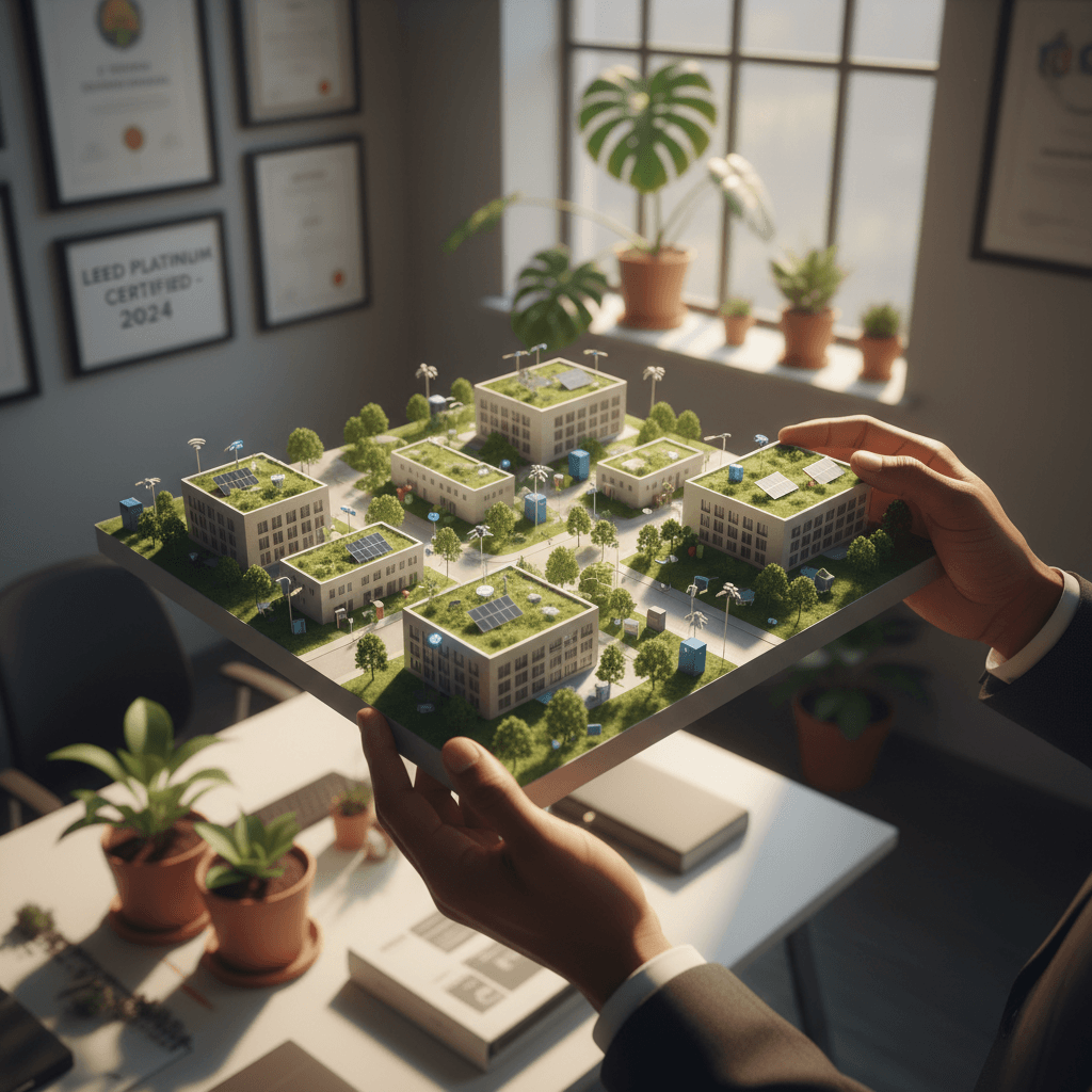 Professional hands holding detailed architectural model of sustainable urban district with green rooftops, solar panels, and smart city infrastructure