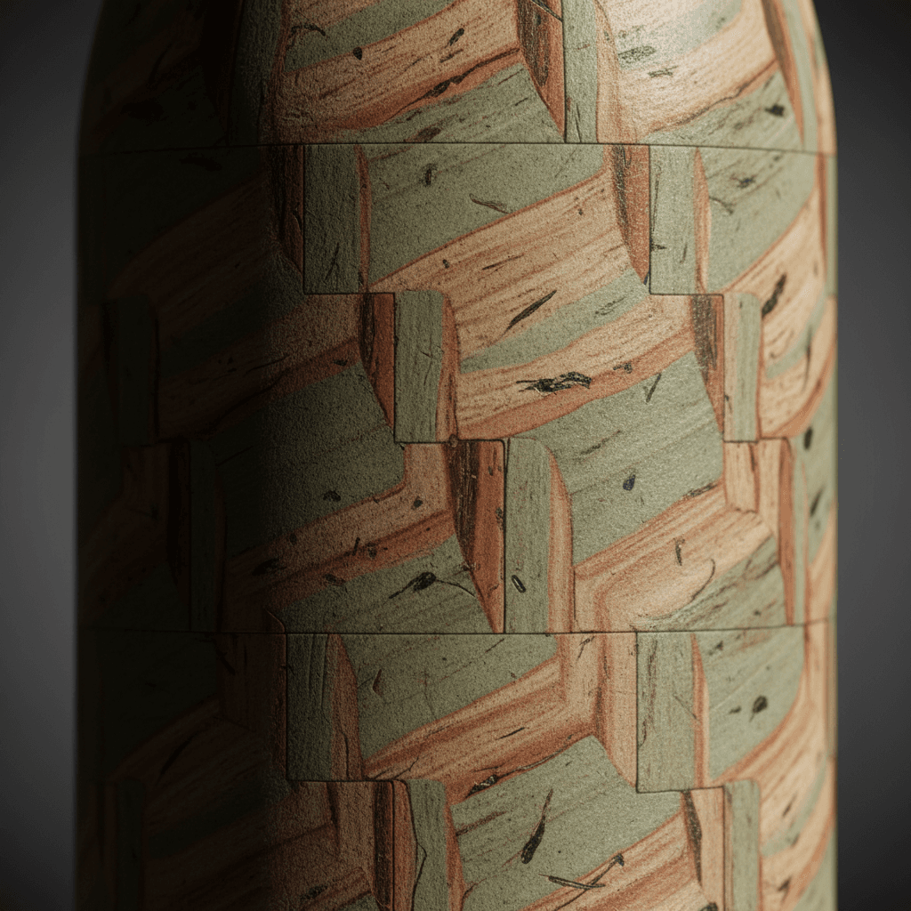 Macro close-up of bio-composite water bottle surface showing intricate texture patterns and innovative sustainable material detail with dramatic side lighting