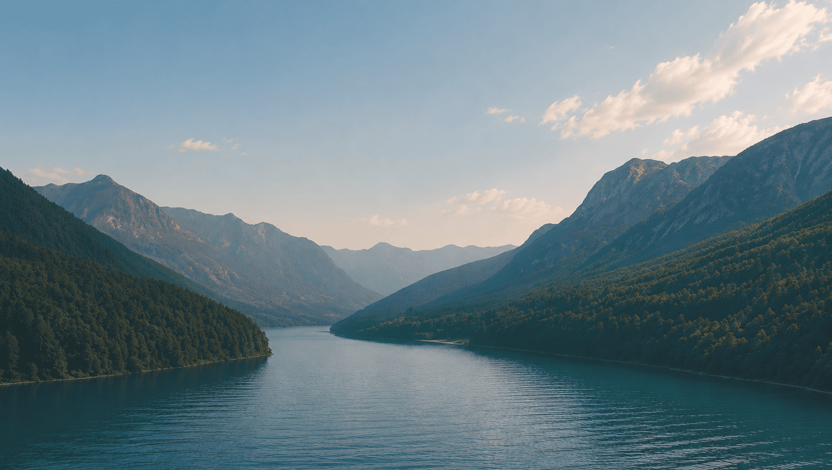 Ein weiter blauer See zwischen bewaldeten Bergen unter einem klaren Himmel im sanften Abendlicht.