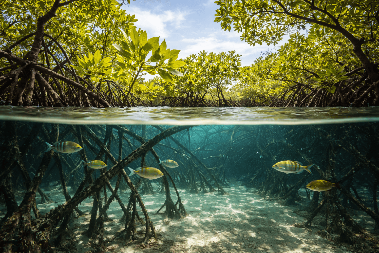 Geteilte Ansicht eines Mangrovenwaldes mit grünen Blättern oben und Fischen zwischen Wurzeln unter Wasser.